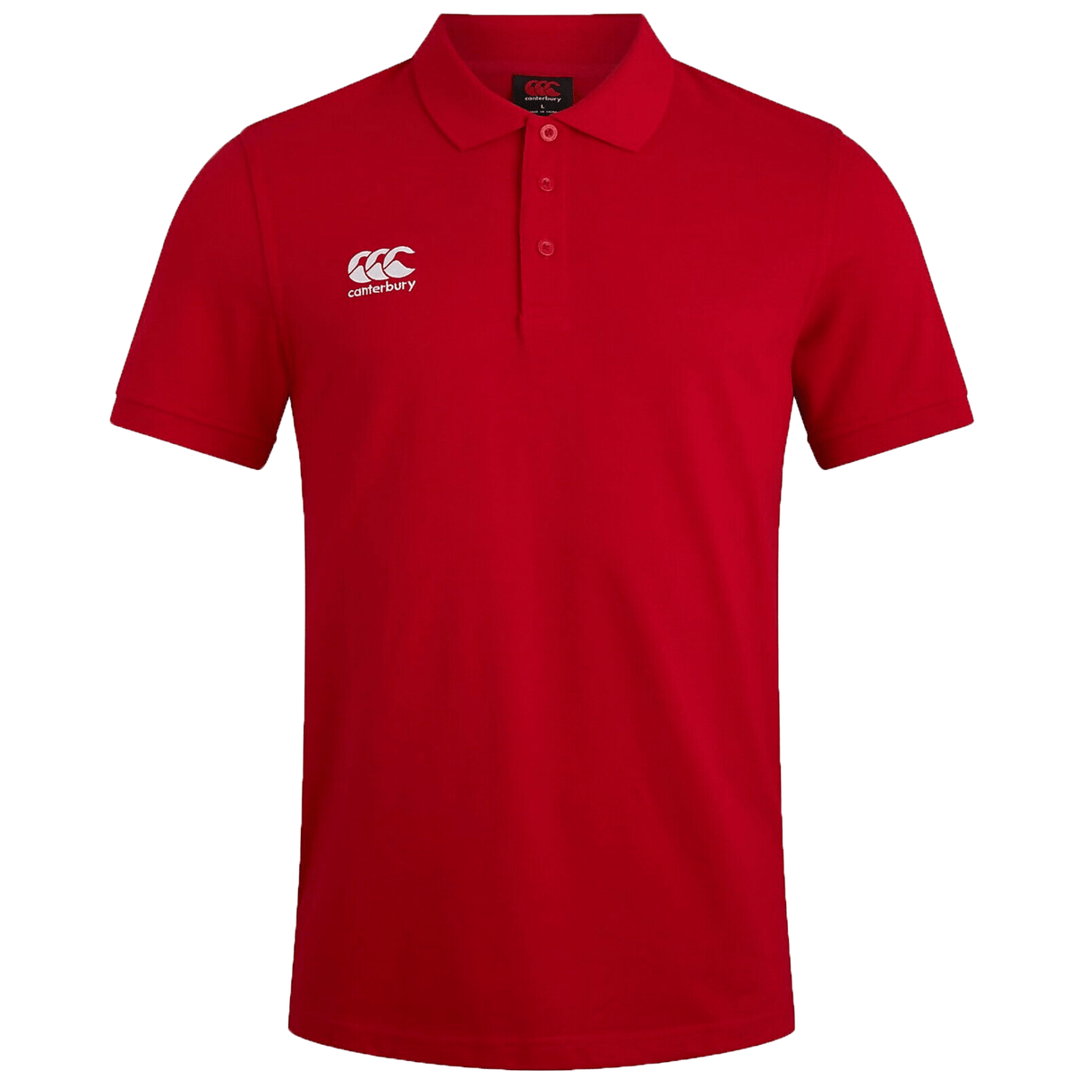 A red Canterbury Waimak Rugby Polo shirt with a white logo, perfect for a smart casual look. Ideal for any rugby fan.