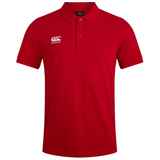 A red Canterbury Waimak Rugby Polo shirt with a white logo, perfect for a smart casual look. Ideal for any rugby fan.