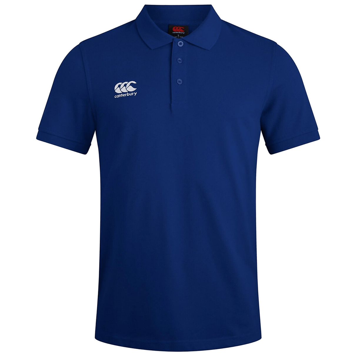 A blue Canterbury Waimak Rugby Polo shirt with a white Canterbury logo on it.
