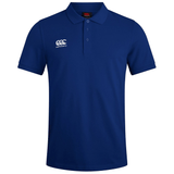 A blue Canterbury Waimak Rugby Polo shirt with a white Canterbury logo on it.