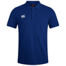 A blue Canterbury Waimak Rugby Polo shirt with a white Canterbury logo on it.