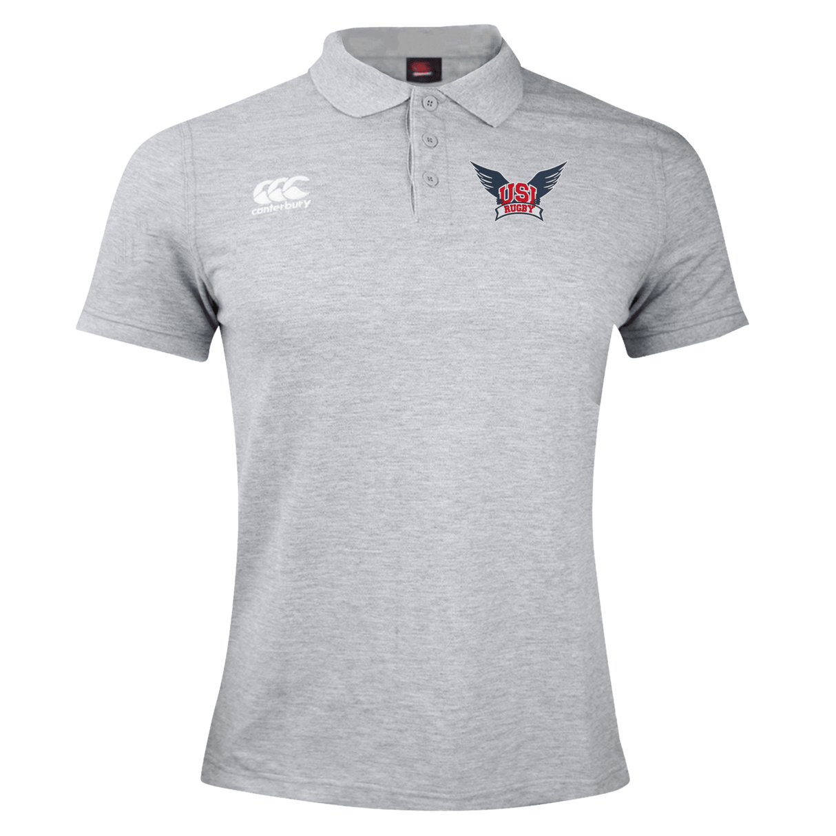 A gray University of Southern Indiana Waimak Polo by Canterbury with short sleeves, made from a comfortable Cotton Polyester blend. It features a small logo with wings on the left chest and an EMB Canterbury logo near the right shoulder.