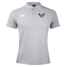 A gray University of Southern Indiana Waimak Polo by Canterbury with short sleeves, made from a comfortable Cotton Polyester blend. It features a small logo with wings on the left chest and an EMB Canterbury logo near the right shoulder.