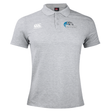 A Syracuse Silver Hawks Waimak Polo by EMB Canterbury in a grey, short-sleeved design with a three-button placket. Crafted from a comfortable cotton polyester blend, it features the EMB Canterbury logo on the right chest and a bird emblem with text on the left chest. Perfect for fans of Canterbury rugby polo style.