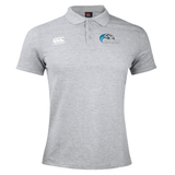 A Syracuse Silver Hawks Waimak Polo by EMB Canterbury in a grey, short-sleeved design with a three-button placket. Crafted from a comfortable cotton polyester blend, it features the EMB Canterbury logo on the right chest and a bird emblem with text on the left chest. Perfect for fans of Canterbury rugby polo style.