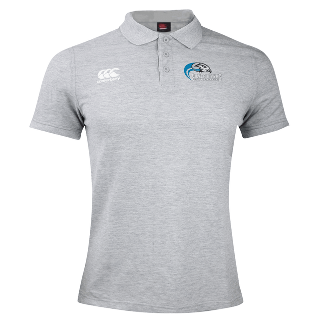 A Syracuse Silver Hawks Waimak Polo by EMB Canterbury in a grey, short-sleeved design with a three-button placket. Crafted from a comfortable cotton polyester blend, it features the EMB Canterbury logo on the right chest and a bird emblem with text on the left chest. Perfect for fans of Canterbury rugby polo style.