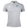 A Syracuse Silver Hawks Waimak Polo by EMB Canterbury in a grey, short-sleeved design with a three-button placket. Crafted from a comfortable cotton polyester blend, it features the EMB Canterbury logo on the right chest and a bird emblem with text on the left chest. Perfect for fans of Canterbury rugby polo style.