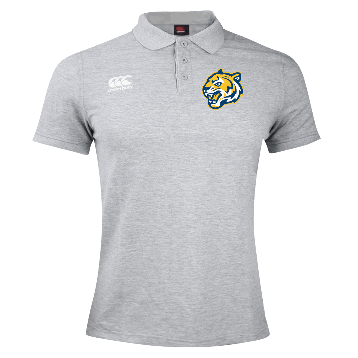Grey Noble Street College Prep Waimak polo shirt featuring a blue and yellow embroidered tiger logo on the left chest and a small EMB Canterbury logo on the right sleeve.