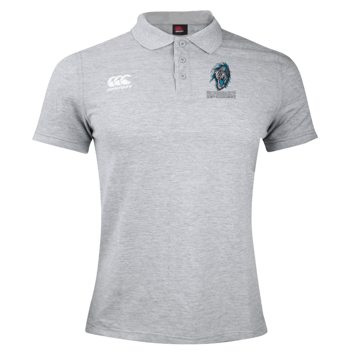 A grey rugby polo featuring a Canterbury logo on the right chest, a stylized lion head logo on the left chest, and embroidered text below the lion, crafted in a comfortable cotton polyester blend is the Syracuse Silverbacks Waimak Polo by EMB Canterbury.