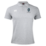 A grey rugby polo featuring a Canterbury logo on the right chest, a stylized lion head logo on the left chest, and embroidered text below the lion, crafted in a comfortable cotton polyester blend is the Syracuse Silverbacks Waimak Polo by EMB Canterbury.