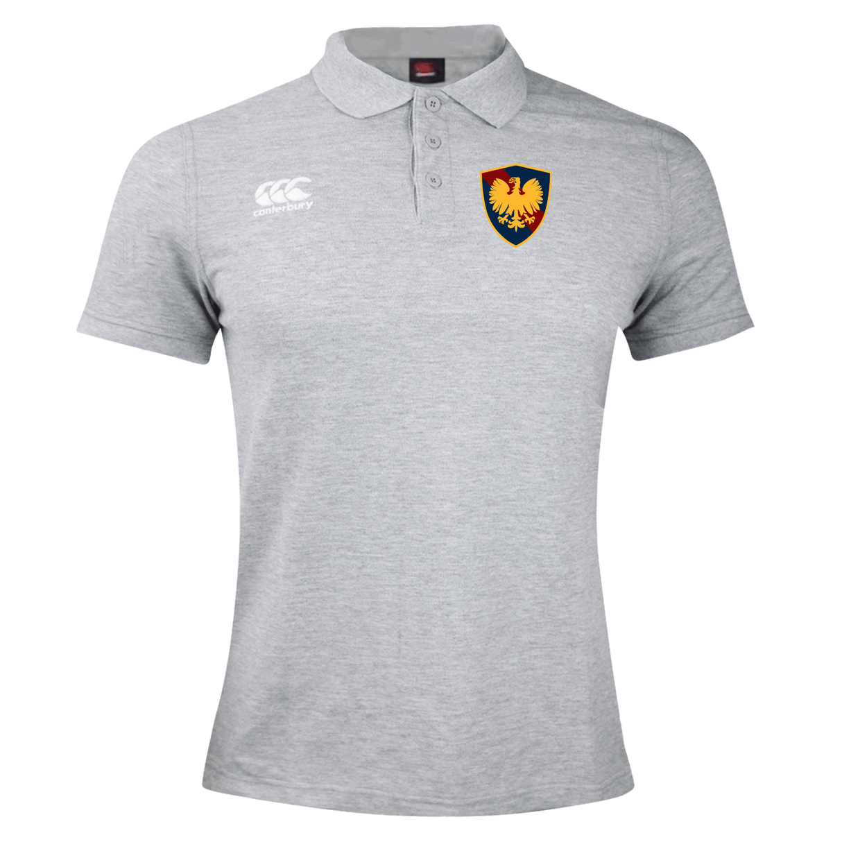 Gray Cincinnati Classical Academy Waimak Rugby Polo shirt with a collar, featuring the EMB Canterbury logo on the right chest and a colorful heraldic lion crest on the left chest.