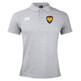 Gray Cincinnati Classical Academy Waimak Rugby Polo shirt with a collar, featuring the EMB Canterbury logo on the right chest and a colorful heraldic lion crest on the left chest.