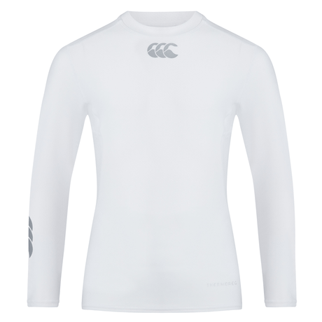 White round neck long sleeve top with silver CCC logo under the neck, on the right sleeve and Thermoreg on left hip.