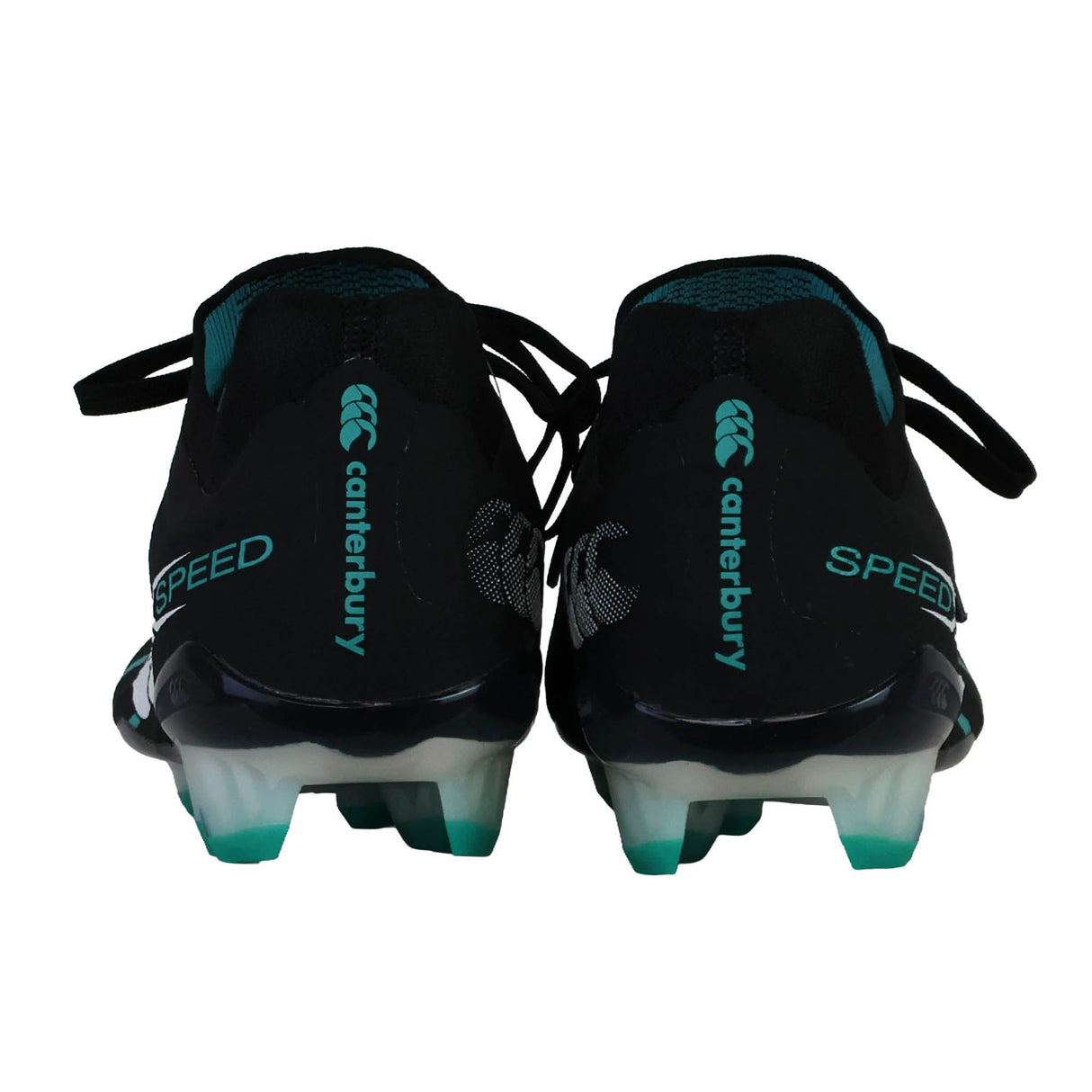 Back view of a pair of Canterbury Speed Falcon 2.0 Elite FG rugby boots in Jet Black/Baltic Green, featuring teal branding and accents, molded studs, and laces.