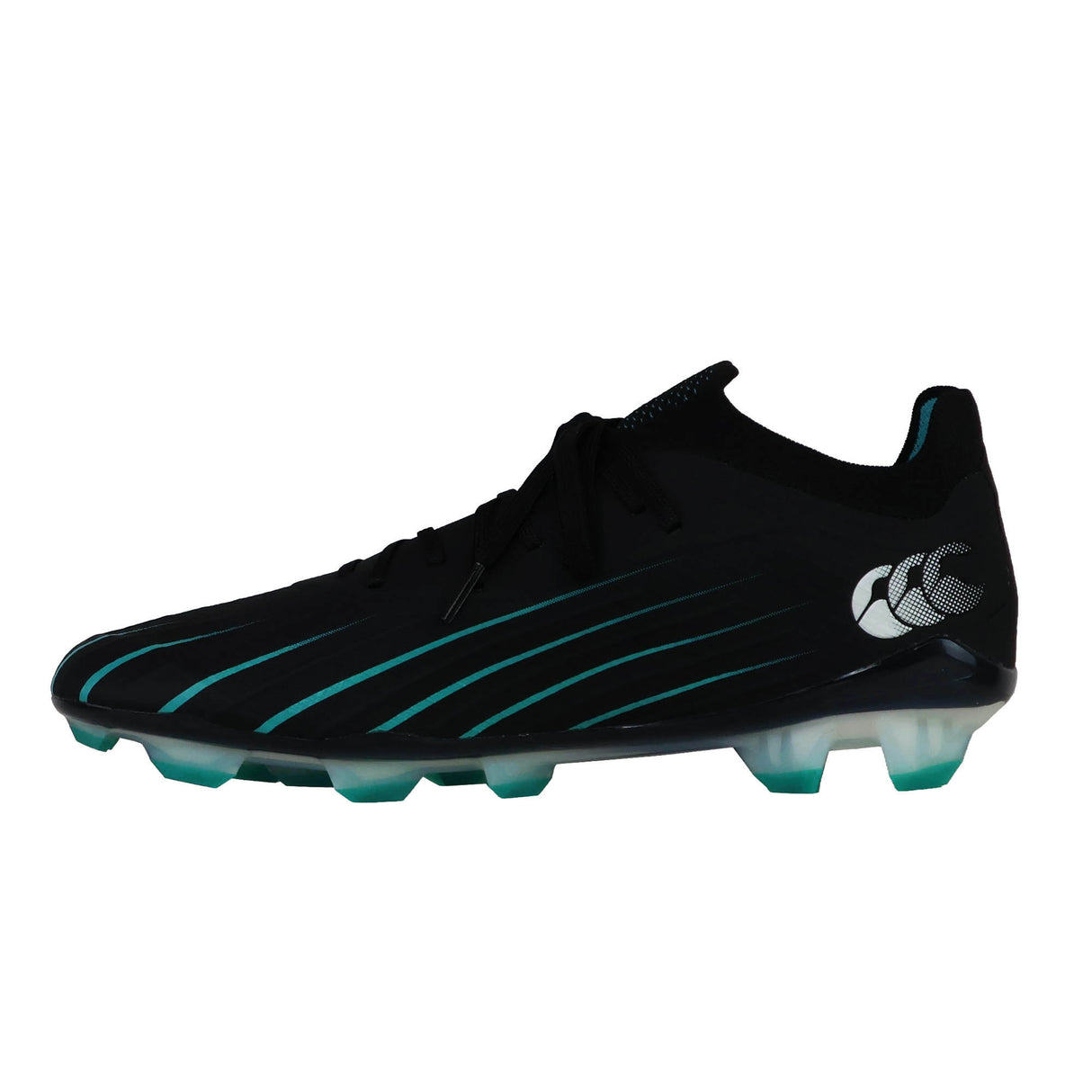 A Canterbury Speed Falcon 2.0 Elite FG soccer cleat in JET BLACK/BALTIC GREEN is shown in a side profile view, featuring teal stripes and a white logo on the heel for a sleek, lightweight rugby-inspired look.