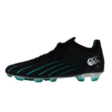 A Canterbury Speed Falcon 2.0 Elite FG soccer cleat in JET BLACK/BALTIC GREEN is shown in a side profile view, featuring teal stripes and a white logo on the heel for a sleek, lightweight rugby-inspired look.
