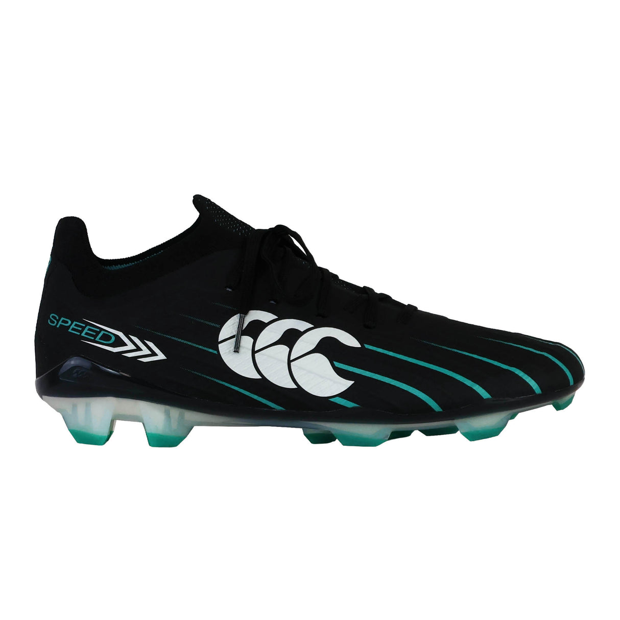 Introducing the Canterbury Speed Falcon 2.0 Elite FG in JET BLACK/BALTIC GREEN—a bold and lightweight athletic soccer cleat featuring “SPEED” text and a crisp white Canterbury logo on the side. Inspired by high-performance design, this rugby cleat delivers exceptional grip and support for firm ground play, seamlessly blending cutting-edge performance with striking style.
