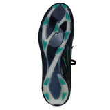 The image displays the sole of a black Canterbury athletic shoe with Baltic Green and white accents, viewed from the bottom—reminiscent of the lightweight rugby cleats in the Canterbury Speed Falcon 2.0 Elite FG-JET BLACK/BALTIC GREEN collection.