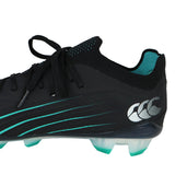 The Canterbury Speed Falcon 2.0 Elite FG in JET BLACK/BALTIC GREEN is a black and teal lace-up soccer cleat featuring a white Canterbury logo and bold Baltic Green accents on the sole and side—these firm ground rugby boots are engineered for optimal traction and speed.