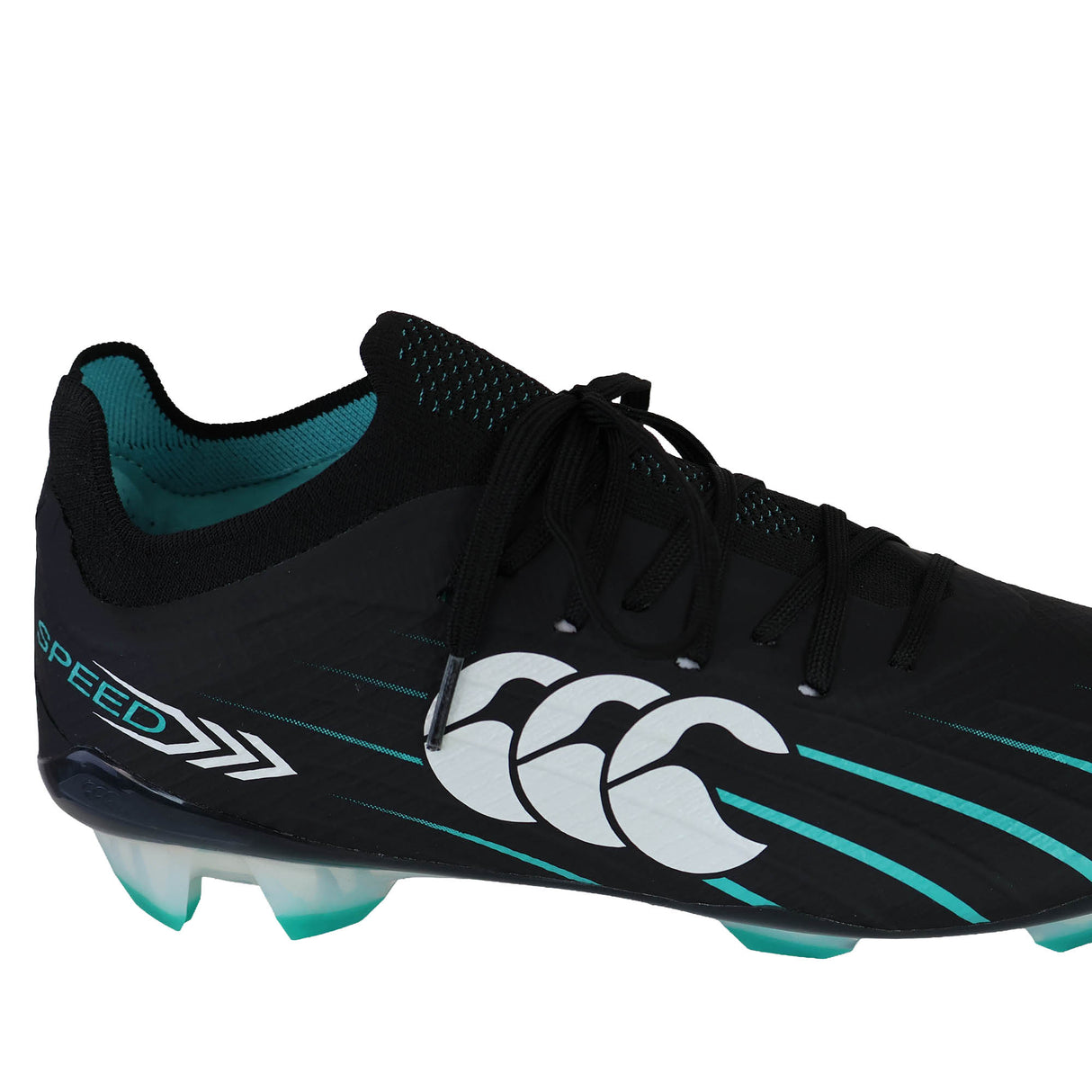 The Canterbury Speed Falcon 2.0 Elite FG rugby boots in Jet Black and Baltic Green feature a lightweight design with striking white accents, a prominent white Canterbury logo on the side, and molded studs on the sole—ideal for firm ground play.