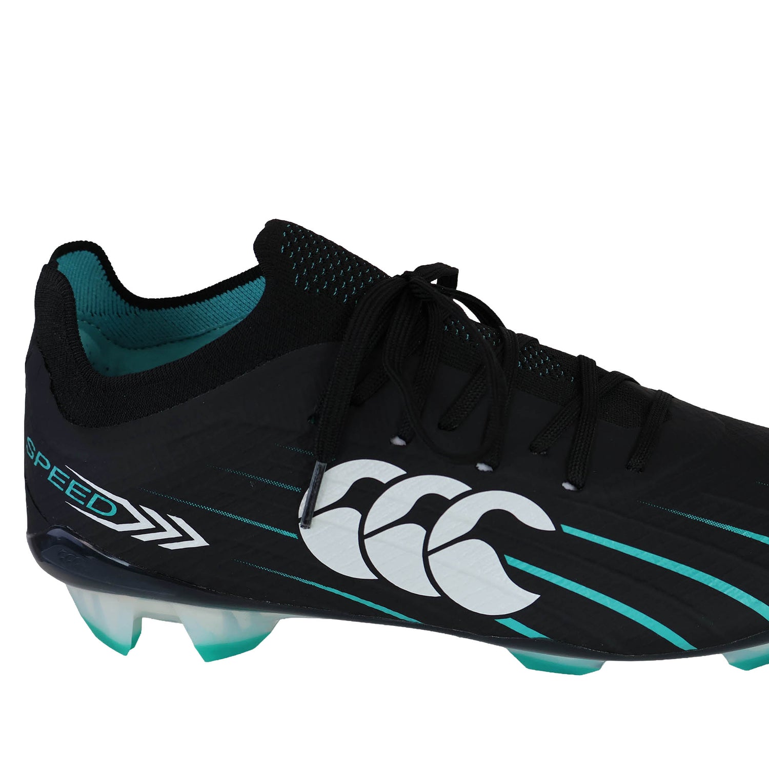 The Canterbury Speed Falcon 2.0 Elite FG rugby boots in Jet Black and Baltic Green feature a lightweight design with striking white accents, a prominent white Canterbury logo on the side, and molded studs on the sole—ideal for firm ground play.
