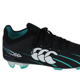The Canterbury Speed Falcon 2.0 Elite FG rugby boots in Jet Black and Baltic Green feature a lightweight design with striking white accents, a prominent white Canterbury logo on the side, and molded studs on the sole—ideal for firm ground play.