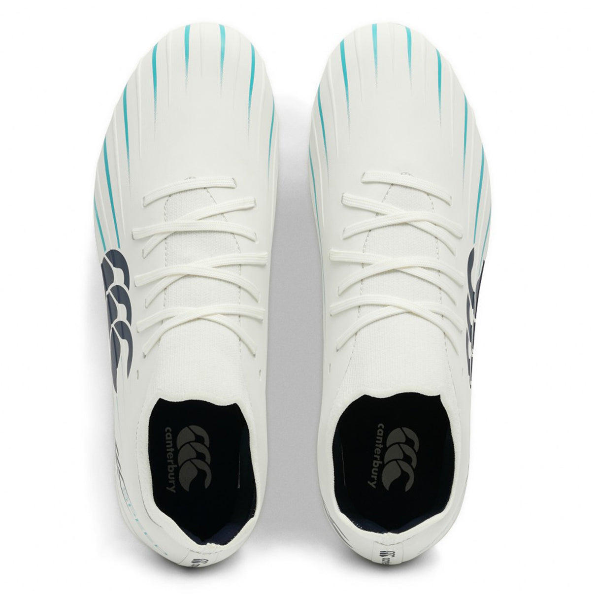 Pair of white Canterbury Speed Falcon 2.0 Elite FG rugby boots with Baltic Green accents, viewed from above. These athletic shoes feature laces and visible Canterbury branding on the insoles and outer sides, offering a lightweight rugby cleat design ideal for dynamic play on the field.