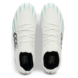 Pair of white Canterbury Speed Falcon 2.0 Elite FG rugby boots with Baltic Green accents, viewed from above. These athletic shoes feature laces and visible Canterbury branding on the insoles and outer sides, offering a lightweight rugby cleat design ideal for dynamic play on the field.