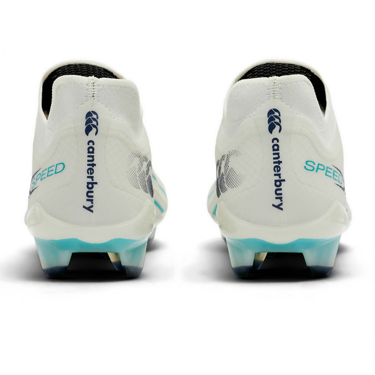 Rear view of two Canterbury Speed Falcon 2.0 Elite FG rugby boots in WHITE/BALTIC GREEN, featuring light blue accents and the word “SPEED” printed on the heels, highlighting their lightweight Canterbury rugby cleats design.