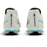 Rear view of two Canterbury Speed Falcon 2.0 Elite FG rugby boots in WHITE/BALTIC GREEN, featuring light blue accents and the word “SPEED” printed on the heels, highlighting their lightweight Canterbury rugby cleats design.