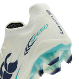 Close-up of the heel and sole of a Canterbury Speed Falcon 2.0 Elite FG rugby boot in WHITE/BALTIC GREEN, highlighting blue-green accents, “SPEED” branding, and a spiked outsole crafted for lightweight performance.
