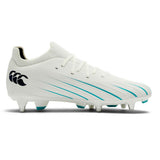The Canterbury Speed Falcon 2.0 Pro SG rugby boots by Canterbury feature a white design with Baltic Green stripes, a lace-up closure, and a bold black logo on the heel. These lightweight boots have molded studs for reliable traction, making them ideal for soft ground conditions.