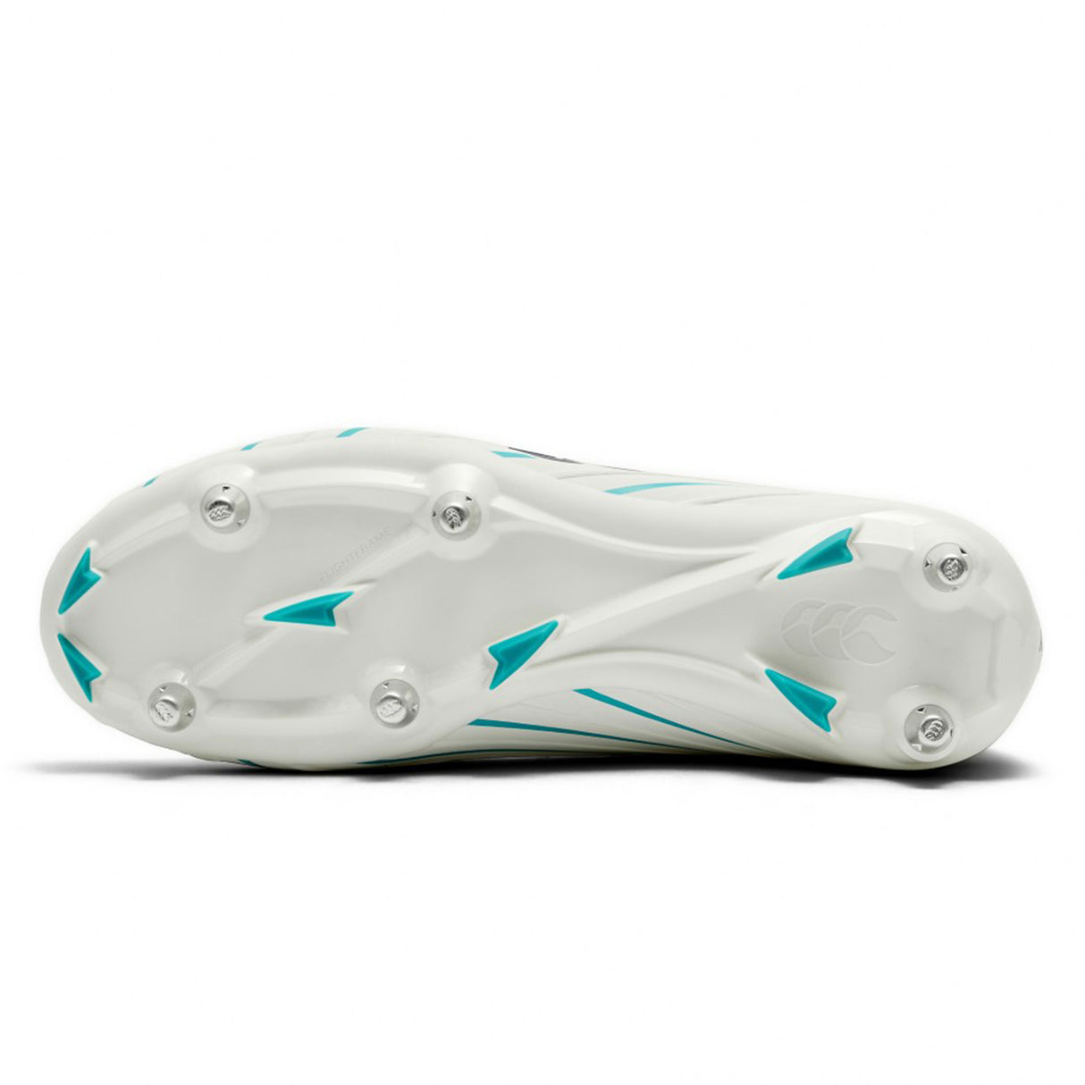 Bottom view of the Canterbury Speed Falcon 2.0 Pro SG rugby boot in white with Baltic Green accents and metal studs, highlighting the lightweight sole’s design and Canterbury logo near the heel for optimal performance on soft ground.