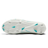 Bottom view of the Canterbury Speed Falcon 2.0 Pro SG rugby boot in white with Baltic Green accents and metal studs, highlighting the lightweight sole’s design and Canterbury logo near the heel for optimal performance on soft ground.