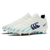 A pair of Canterbury Speed Falcon 2.0 Pro SG rugby boots in white and Baltic green, featuring lace-up closure, metal studs for soft ground, lightweight performance design, and a prominent blue Canterbury logo on the side.