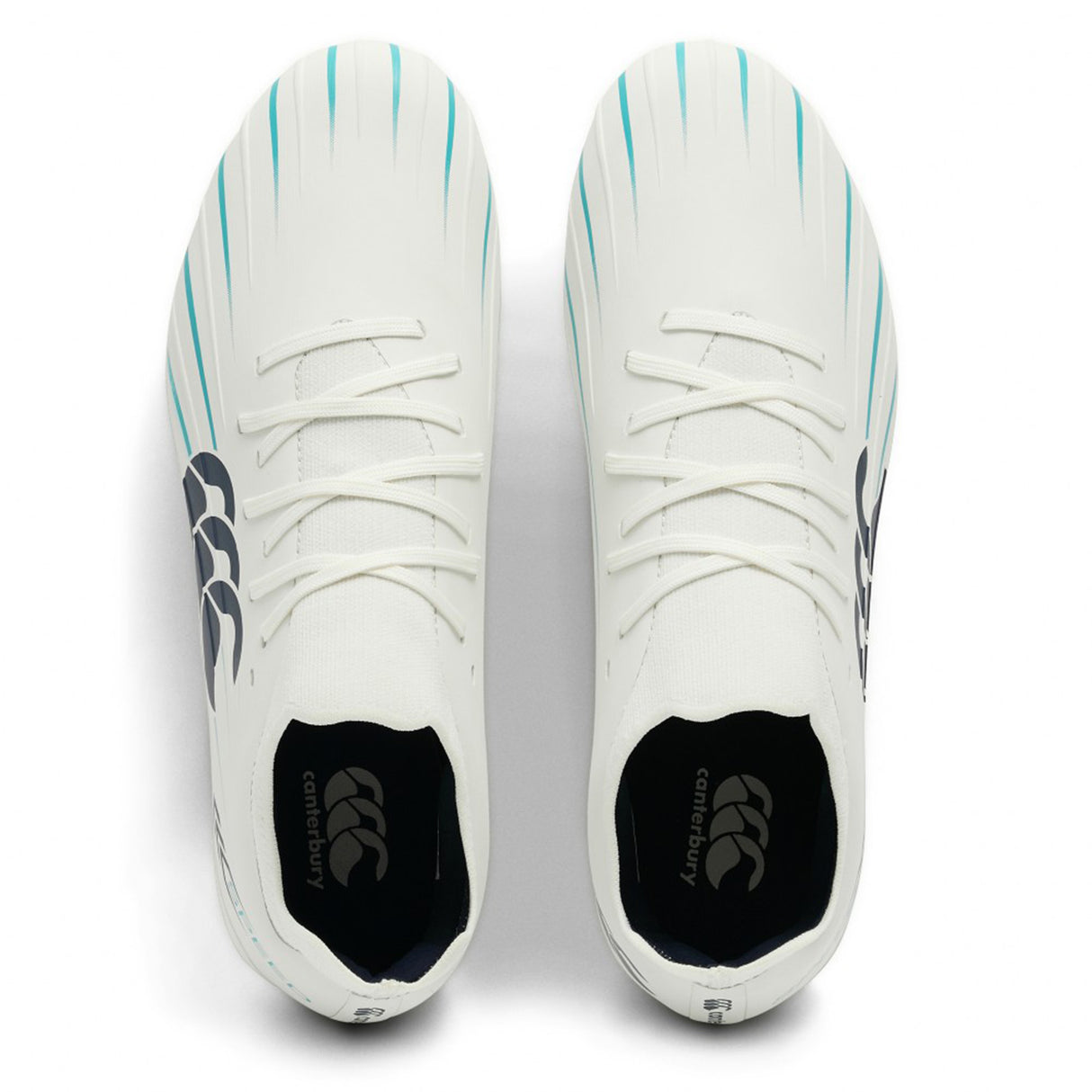 A pair of Canterbury Speed Falcon 2.0 Pro SG rugby boots in WHITE/BALTIC GREEN, seen from above on a plain background, these lightweight Canterbury boots feature teal and black stripe accents for style and performance.