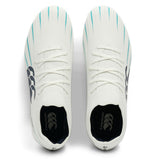 A pair of Canterbury Speed Falcon 2.0 Pro SG rugby boots in WHITE/BALTIC GREEN, seen from above on a plain background, these lightweight Canterbury boots feature teal and black stripe accents for style and performance.