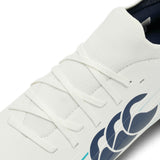 Close-up of the Canterbury Speed Falcon 2.0 Pro SG rugby boot in white with white laces and a Baltic green wave-like logo on the side, designed by Canterbury as a lightweight performance boot ideal for soft ground.