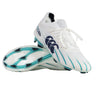 A pair of Canterbury Speed Falcon 2.0 Elite FG rugby boots in white and Baltic Green, featuring black Canterbury logos—one boot upright, the other displayed sole-up beneath it.