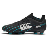The Canterbury Speed Falcon 2.0 Pro FG rugby boots in Jet Black and Baltic Green feature blue-green accents, a bold white "CCC" logo, and the word "SPEED" on the heel. Designed with molded studs for dependable grip on firm ground, these lightweight boots from Canterbury help you stay fast and agile throughout every match.