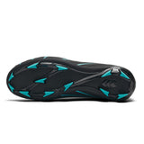 Bottom view of the Canterbury Speed Falcon 2.0 Pro FG rugby boot in Jet Black/Baltic Green, designed for firm ground, featuring baltic green studs and the Canterbury logo near the heel, crafted for lightweight performance.