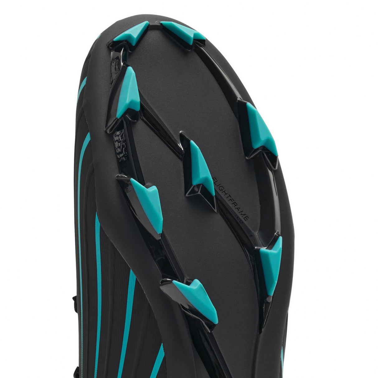 Close-up of the sole of the Canterbury Speed Falcon 2.0 Pro FG rugby boot in Jet Black/Baltic Green, featuring blue chevron-shaped studs and a textured pattern designed by Canterbury for lightweight performance on firm ground.