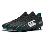 The Canterbury Speed Falcon 2.0 Pro FG in Jet Black/Baltic Green are rugby boots featuring the iconic Canterbury logo and molded studs for lightweight performance on firm ground, shown against a white background.