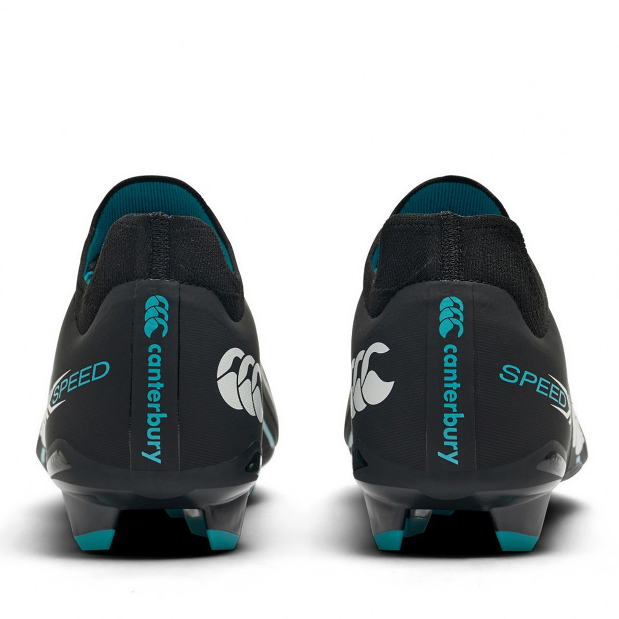 Rear view of a pair of Canterbury Speed Falcon 2.0 Pro FG boots in Jet Black and Baltic Green, featuring teal and white Canterbury branding and visible studs on the soles, designed for lightweight performance on firm ground.