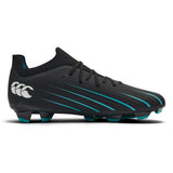 The Canterbury Speed Falcon 2.0 Pro FG soccer cleat in Jet Black and Baltic Green features blue accents, black laces, and a white heel logo. Designed by Canterbury for lightweight performance on firm ground, the cleat is displayed on a white background.