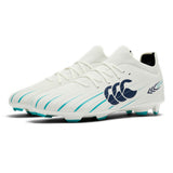 Canterbury Speed Falcon 2.0 Pro FG rugby boots in white with Baltic green accents and Canterbury branding, featuring molded firm ground studs and a low-cut, lightweight design, displayed on a plain white background.
