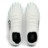 Top view of a pair of Canterbury Speed Falcon 2.0 Pro FG rugby boots in white with baltic green stripes and black Canterbury logos on the tongues and insoles, designed for lightweight performance on firm ground.