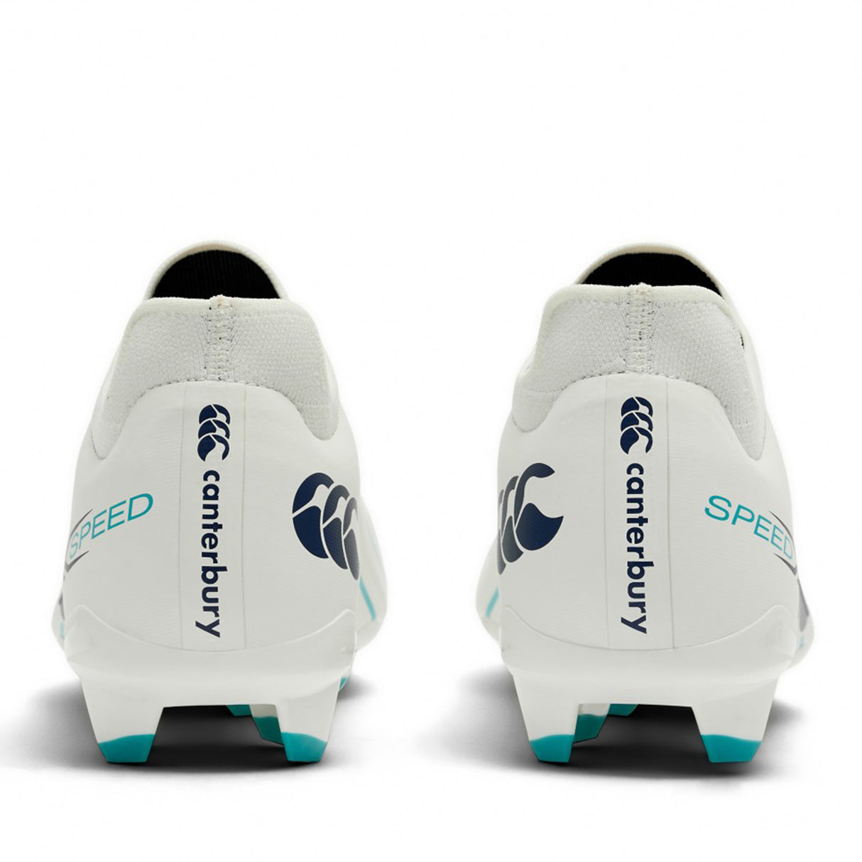 Rear view of two white Canterbury Speed Falcon 2.0 Pro FG rugby boots with blue (Baltic Green) studs and “SPEED” printed on the heels, designed by Canterbury for lightweight performance on firm ground.