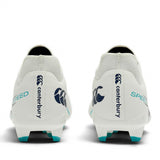Rear view of two white Canterbury Speed Falcon 2.0 Pro FG rugby boots with blue (Baltic Green) studs and “SPEED” printed on the heels, designed by Canterbury for lightweight performance on firm ground.