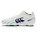 The Canterbury Speed Falcon 2.0 Pro FG in WHITE/BALTIC GREEN is a white and teal soccer cleat with laces, showcasing a large blue Canterbury logo and the word "SPEED" on the side. Designed for lightweight performance on firm ground, it is pictured against a plain white background.